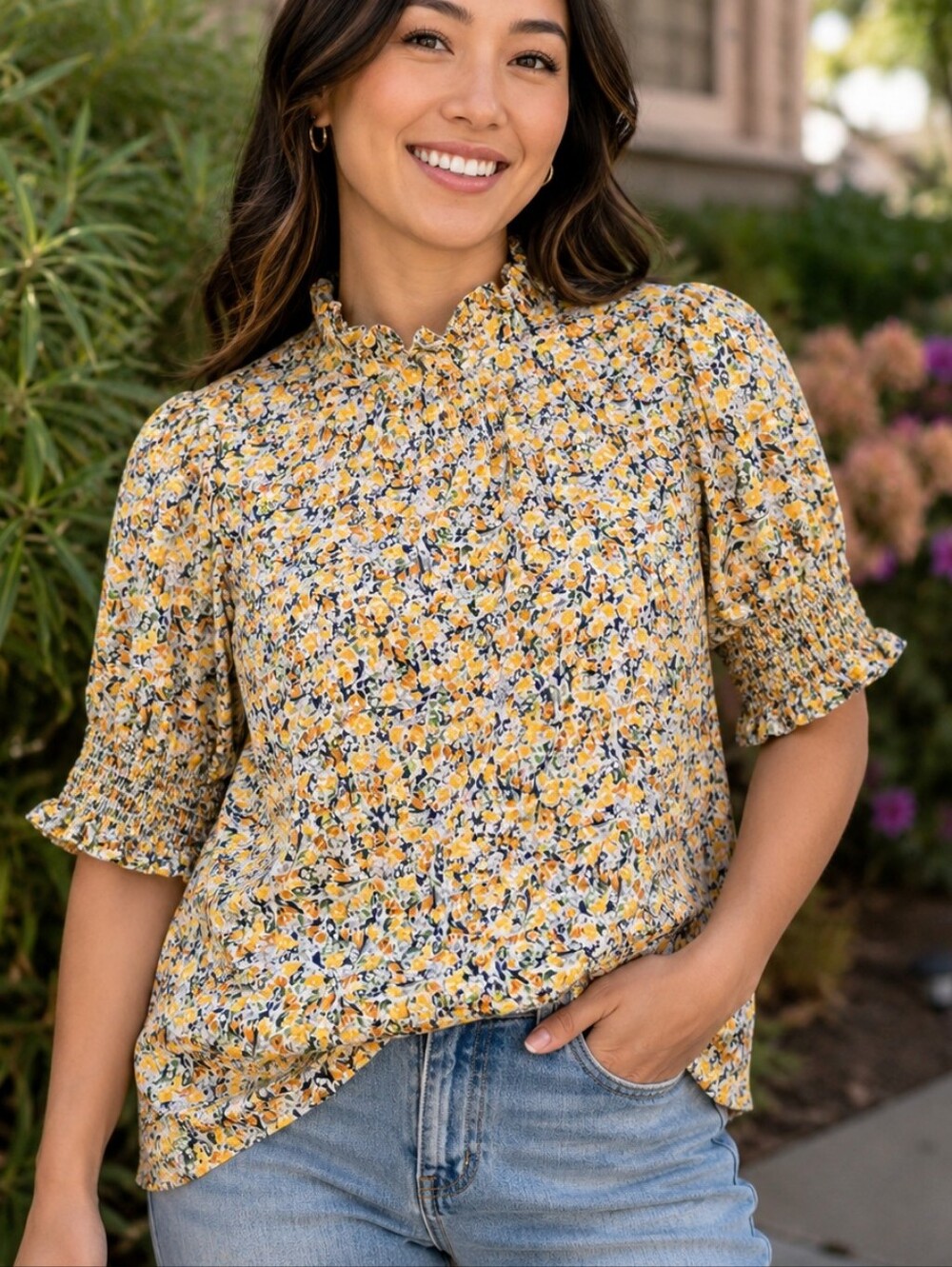 Les Amis NWT Floral Blouse Small Cottagecore Ruffle Mock Neck Puff Sleeve